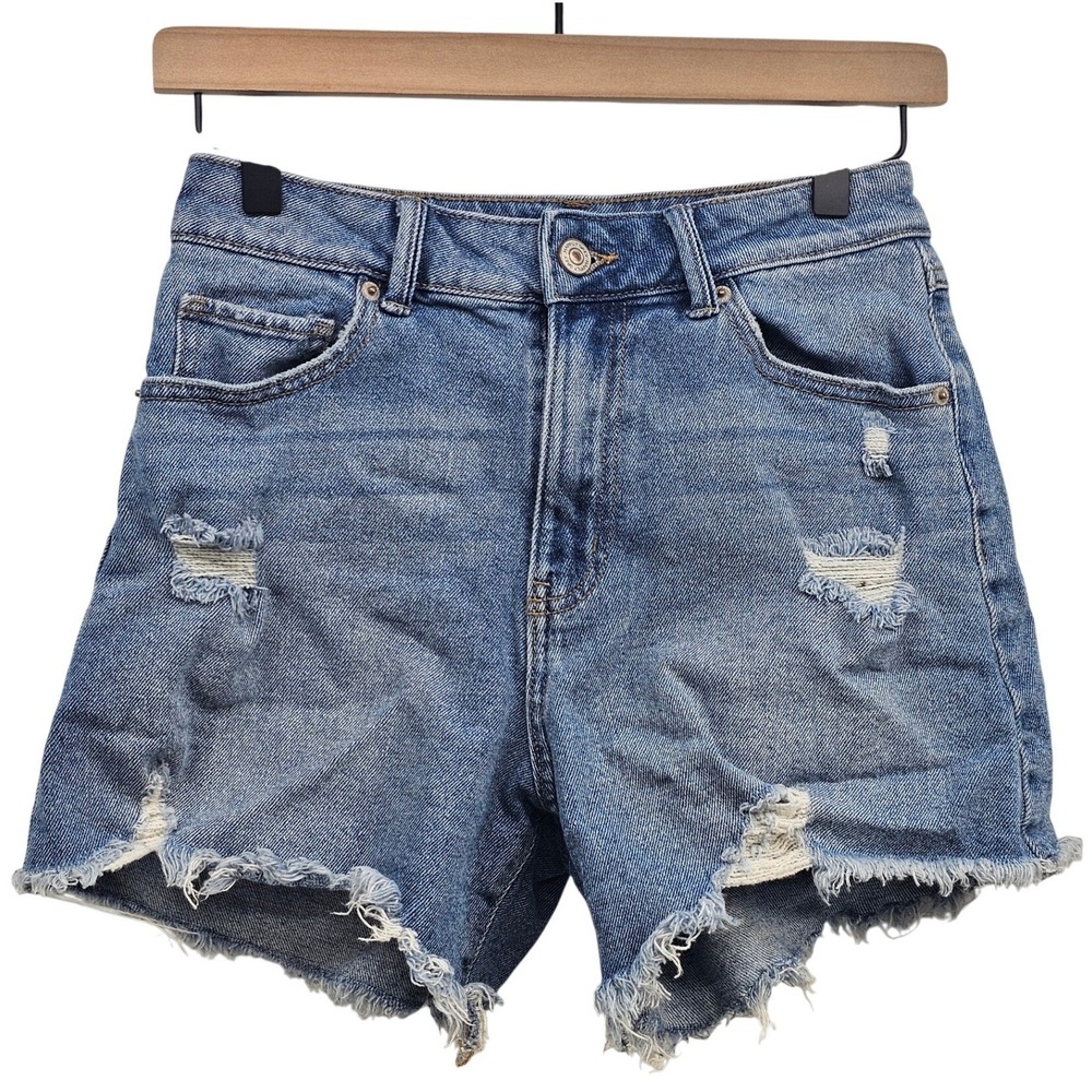 Happily Grey Women Distressed High Rise Denim Shorts Medium‎ Wash Blue Size 5/27